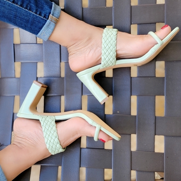 Women's Sage Green Braided Chunky Block Heel Slide Sandals - Picture 3 of 5